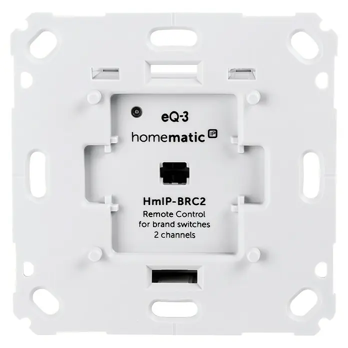 Homematic IP Funk-Wandtaster HmIP-BRC2 - 2-fach, Unterputz, 230 V, 37 x 71 x 71 mm - Nahaufnahme eines EQ-3 Homematic IP-Geräts, ein Fernbedienung für Markenschalter mit zwei Kanälen, ideal für die Heimautomation.