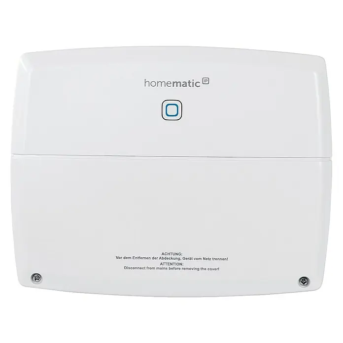 Homematic IP Steuerzentrale Multi IO Box HmIP-MIOB - Weiß, 3,4 x 19,9 x 15,6 cm - Ein weißer Homematic IP-Gerätekasten mit Warnhinweis zur Netztrennung vor dem Öffnen.