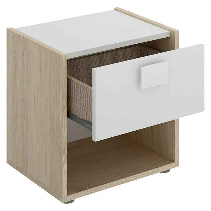 Dekit Mesita de noche Dina - L x An x Al: 33 x 40 x 42 cm, Natural/Blanco, Número de cajones: 1 ud. - Imagen de una mesita de noche con un cajón parcialmente abierto y un compartimento abierto debajo.