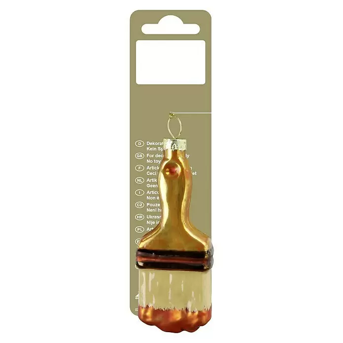 Dekoartikel - Bunt, Glas, Pinsel - Glas-Pinsel-Ornament mit goldenem Griff, brauner Zwinge und beigen Borsten, mit goldener Aufhängeschlaufe.
