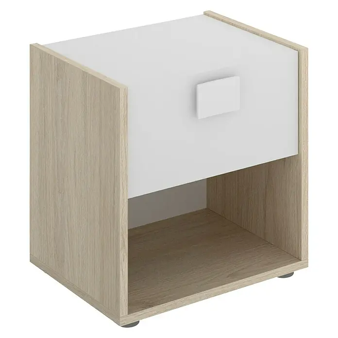Dekit Mesita de noche Dina - L x An x Al: 33 x 40 x 42 cm, Natural/Blanco, Número de cajones: 1 ud. - Elegante mesita de noche blanca y beige con un cajón y un compartimento abierto para más almacenaje en el dormitorio.