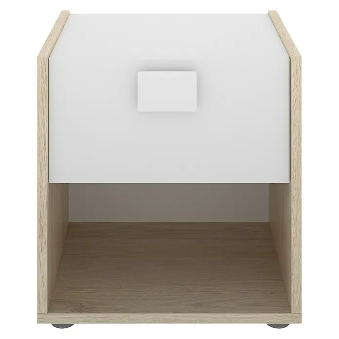 Dekit Mesita de noche Dina - L x An x Al: 33 x 40 x 42 cm, Natural/Blanco, Número de cajones: 1 ud. - Primer plano de una mesita de noche con un cajón blanco y un compartimento abierto, que muestra un diseño elegante y moderno.