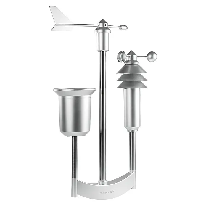 Homematic IP Funk-Wettersensor HmIP-SWO-PR - Batteriebetrieben, 15 x 40 x 65 cm, Edelstahl - Eine Homematic Wetterstation mit Windmesser, Regenmesser und Temperatur-/Feuchtigkeitssensor auf einem Stativ.