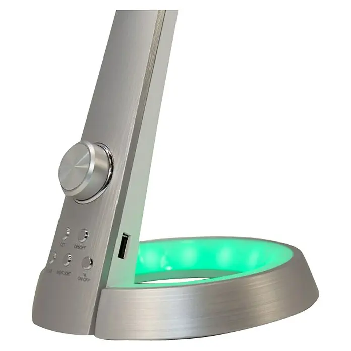 Globo Lámpara de sobremesa LED Mitti - 8 W, L x An x Al: 34 x 18 x 64 cm, Plateado, Blanco frío - Primer plano de una elegante lámpara de escritorio de metal cepillado con botón giratorio e iluminación LED verde en la base.