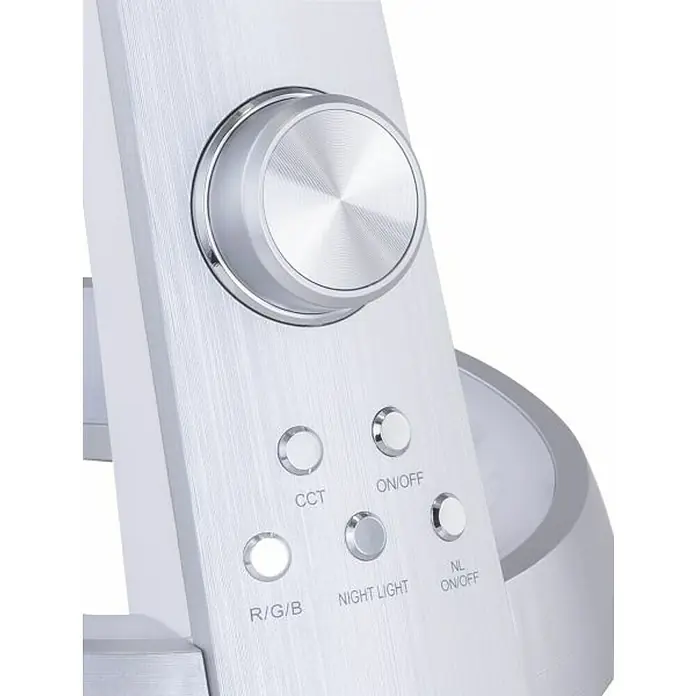 Globo Lámpara de sobremesa LED Mitti - 8 W, L x An x Al: 34 x 18 x 64 cm, Plateado, Blanco frío - Primer plano de los controles de una lámpara moderna con un botón de atenuación y varios botones para diferentes modos de luz.
