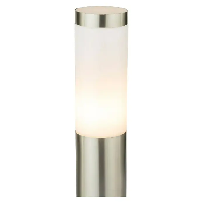 Globo Boston Sobremuro exterior 45 - 60 W, Color del marco: Plateado, 12,7 x 12,7 x 45 cm, Sin bombillas - Primer plano de una lámpara cilíndrica de exterior moderna con pantalla de vidrio esmerilado y base de metal.