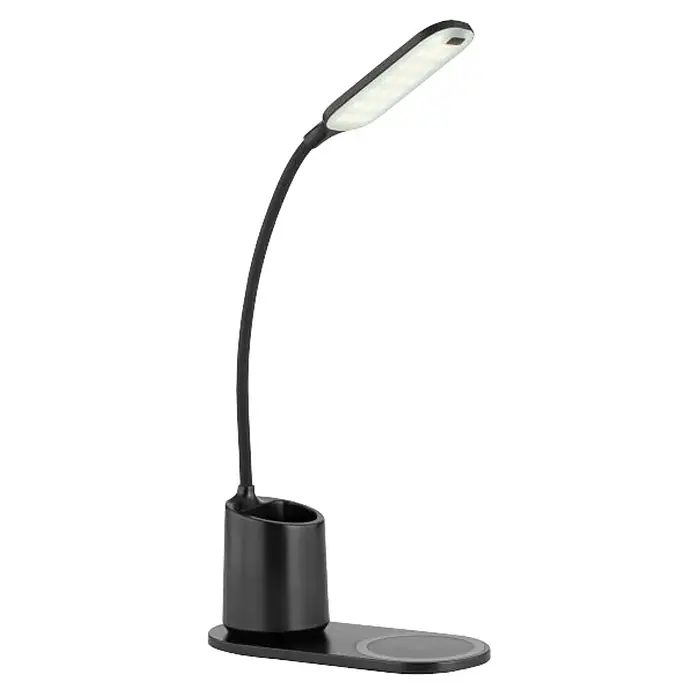 Globo Lámpara de sobremesa LED Melli - 3 W, L x An x Al: 34 x 8,5 x 45 cm, Negro, Blanco frío - Una elegante lámpara de escritorio negra con cuello flexible y base de carga integrada para un ambiente de espacio de trabajo elegante y funcional.