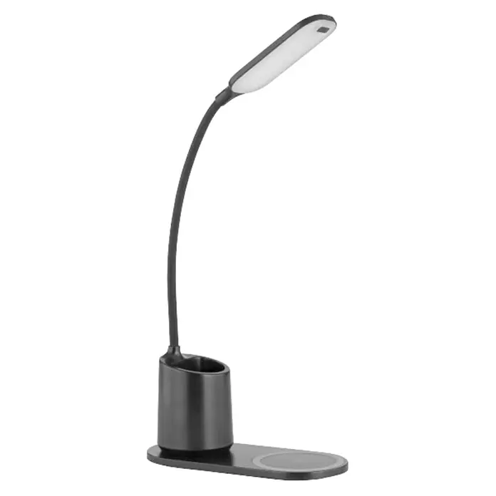 Globo LED-Tischleuchte MELLI - 3 W, L x B x H: 34 x 8,5 x 45 cm, Schwarz, Kaltweiß - Eine moderne, graue Schreibtischlampe mit Stifthalter und kabelloser Ladestation. Ideal für Büro oder Arbeitszimmer.