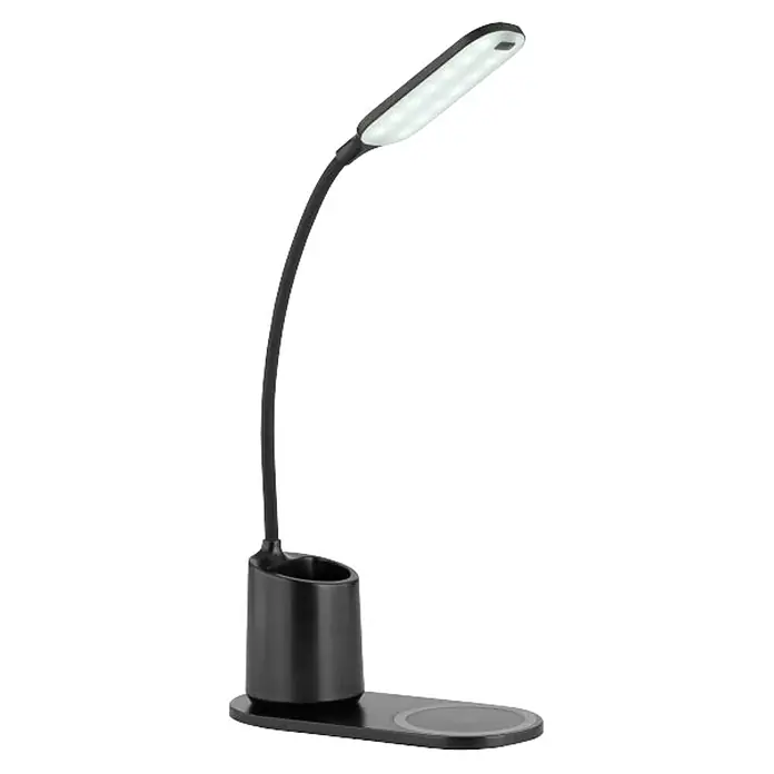 Globo LED-Tischleuchte MELLI - 3 W, L x B x H: 34 x 8,5 x 45 cm, Schwarz, Kaltweiß - Schwarze Schreibtischlampe mit Stifthalter und kabelloser Ladestation, die eine moderne und praktische Beleuchtungslösung bietet.