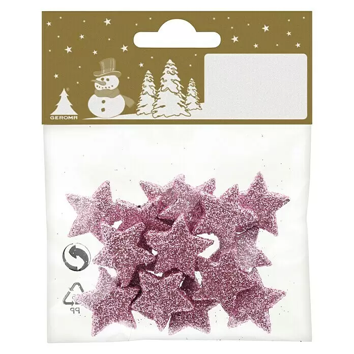 Dekoartikel - Rosa, Stern, 16 Stk., 2 cm - Packung glänzender rosa Glitzersterne für Dekoration. Goldene Verpackung mit Schneemann.