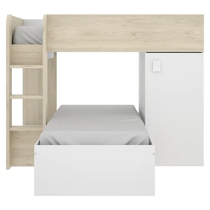 Dekit Litera Move - Natural/Blanco, Montaje reversible - Una cama alta con escalera y armario en blanco y aspecto de madera. Diseño práctico para habitaciones de niños o jóvenes con mucho espacio.