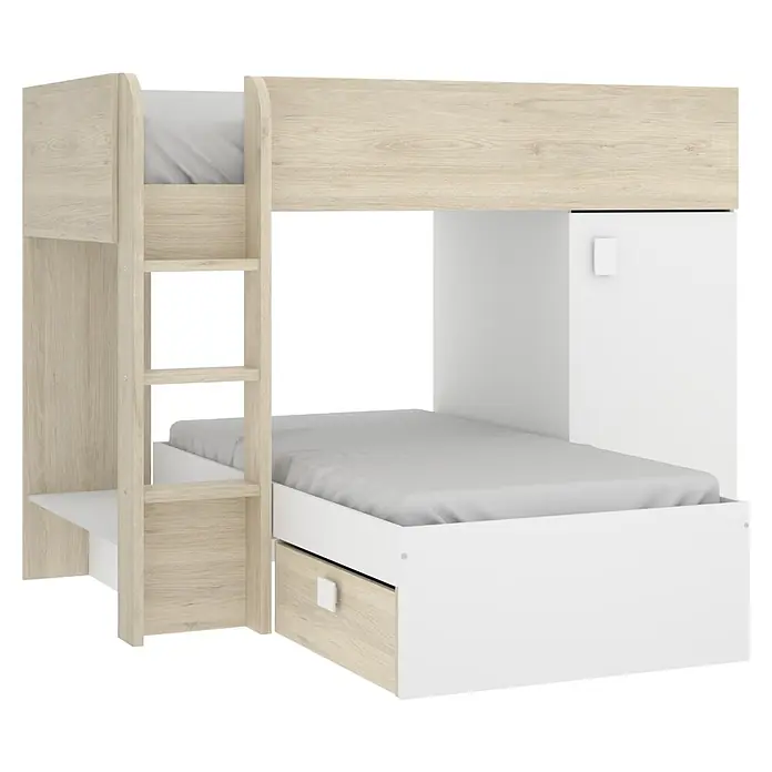 Dekit Litera Move - Natural/Blanco, Montaje reversible - Litera blanca con almacenamiento y escalera de madera clara para niños. Perfecto para espacios pequeños.