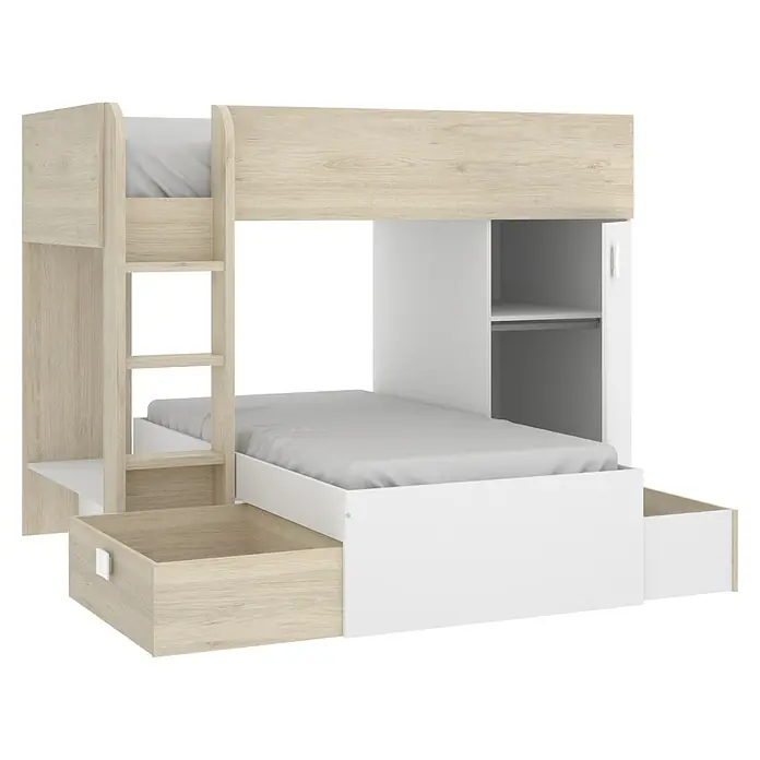 Dekit Litera Move - Natural/Blanco, Montaje reversible - La litera ofrece mucho espacio de almacenamiento a través de los estantes y los cajones. Ideal para habitaciones con poco espacio.