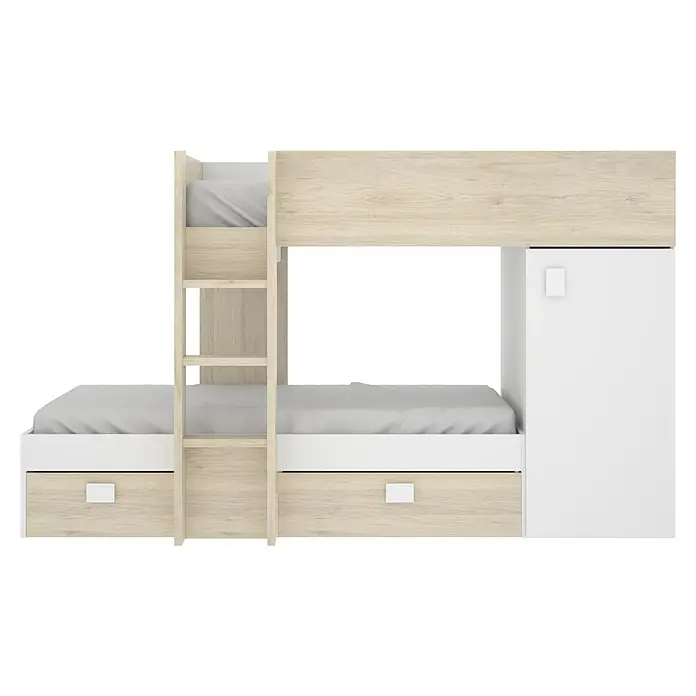 Dekit Litera Move - Natural/Blanco, Montaje reversible - Esta es una litera con escalera, armario y cajones en blanco y aspecto de madera. La cama es perfecta para habitaciones infantiles con poco espacio.