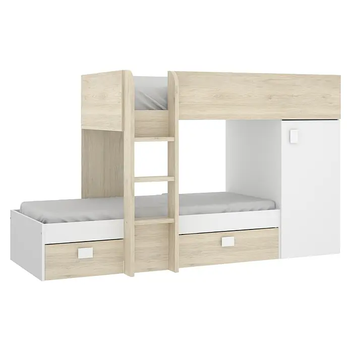 Dekit Litera Move - Natural/Blanco, Montaje reversible - Elegante litera con espacio de almacenamiento. La cama cuenta con cajones, una escalera y un armario para mayor comodidad y organización.