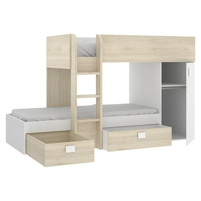 Dekit Litera Move - Natural/Blanco, Montaje reversible - La litera moderna con almacenamiento ofrece dos espacios para dormir, una escalera y cajones para mayor comodidad.