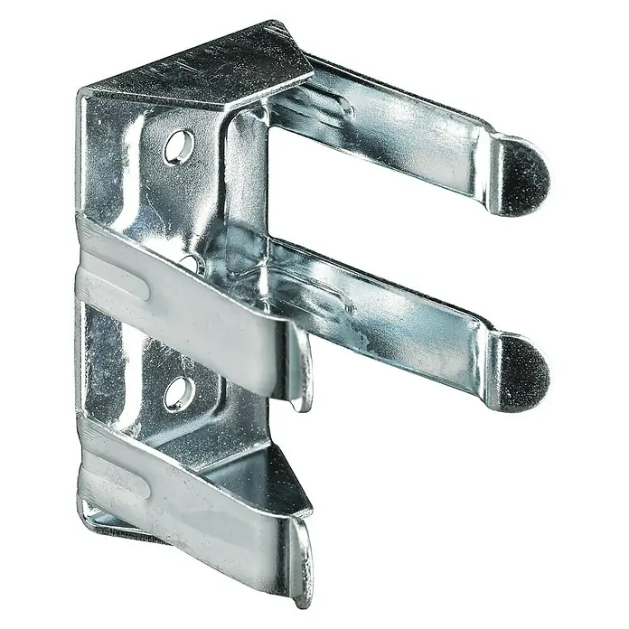 Hettich Sockelverstellfuß - Stahl - Nahaufnahme einer glänzenden, silbernen Fensterhalterung mit zwei Armen und Bohrlöchern zur einfachen Montage.
