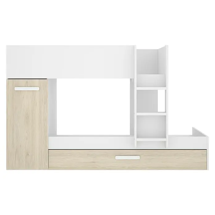 Dekit Litera Tom - L x An x Al: 112 x 144 x 150 cm, Blanco/Natural - Foto de un armario blanco con cajones de madera y estanterías abiertas.
