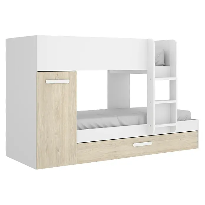 Dekit Litera Tom - L x An x Al: 112 x 144 x 150 cm, Blanco/Natural - Esta imagen muestra una litera en acabado blanco y madera, con una escalera integrada y un armario. Perfecta para ahorrar espacio en habitaciones infantiles.