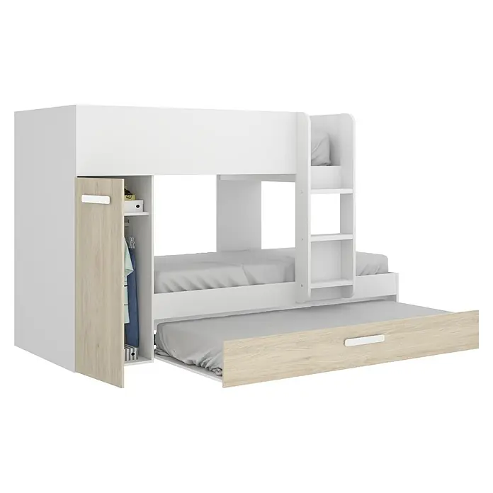 Dekit Litera Tom - L x An x Al: 112 x 144 x 150 cm, Blanco/Natural - La litera blanca con armario integrado y cama nido ofrece un amplio espacio de almacenamiento y para dormir para habitaciones infantiles.