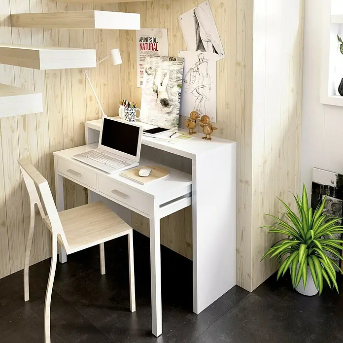 Dekit Mesa de escritorio extensible Seven - L x An x Al: 36 x 99 x 88 cm, Blanco - Un escritorio moderno blanco con cajones, un portátil y una lámpara, complementado con una silla a juego y una planta de interior. Ideal para el estudio.