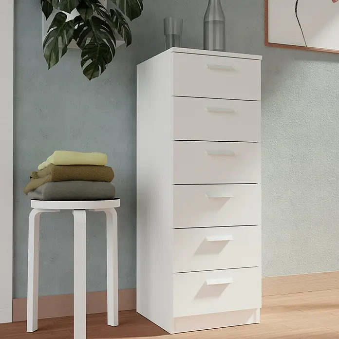 Muebles Pitarch Tibet Cómoda - L x An x Al: 40 x 40 x 110 cm, Blanco, Número de cajones: 6 ud. - Una cajonera blanca alta con seis cajones, que proporciona un gran espacio de almacenamiento y un aspecto ordenado.