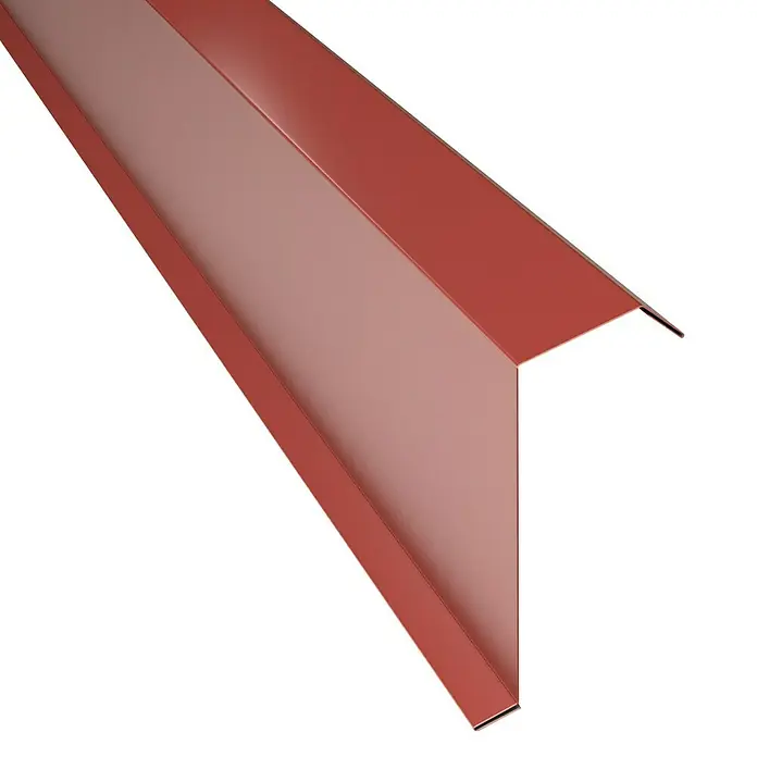 Metdach Kantenwinkel H12 - Rot, Länge: 100 cm, Stahl - Nahaufnahme eines roten, vorgefertigten Rinnenelements, das für den Einbau in Dachsysteme bestimmt ist. Die scharfen Linien betonen die moderne Konstruktion.