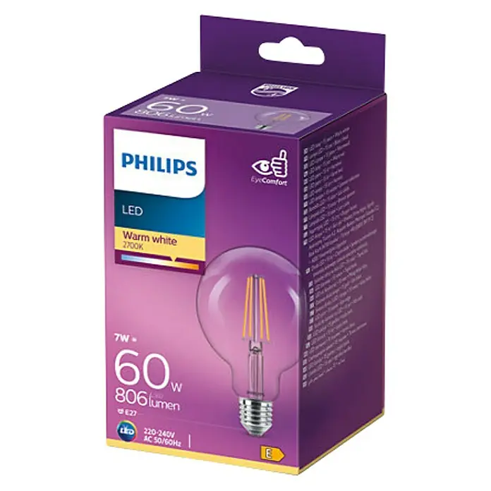 Philips LED-Lampe Globe - E27, Warmweiß, 806 lm, 7 W - Eine lila Philips LED-Lampe mit warmweißem Licht, ideal für gemütliche Atmosphäre und energiesparende Beleuchtung.