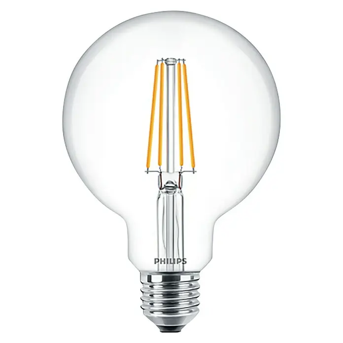 Philips LED-Lampe Globe - E27, Warmweiß, 806 lm, 7 W - Nahaufnahme einer Philips LED-Lampe mit Glühfaden, die für eine energieeffiziente Beleuchtung sorgt.