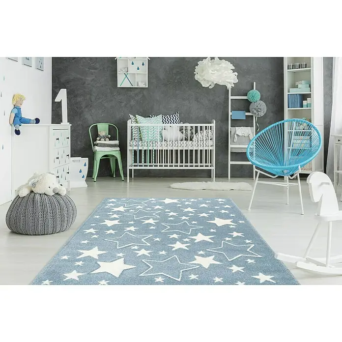 Kayoom Kinderteppich Sterne - Blau, 150 x 80 cm, 100 % Polypropylen - Blauer Kinderzimmerteppich mit Sternenmuster. Der Teppich ist ein Blickfang in jedem Kinderzimmer. Der Teppich ist weich und strapazierfähig.