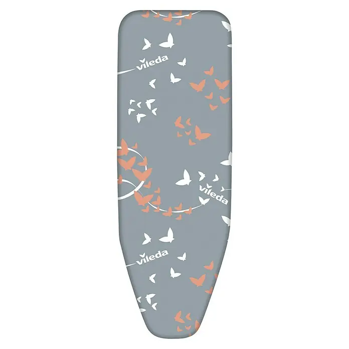 Vileda Funda para tabla de planchar Premium 2 en 1 - Específico para: Tabla de planchar universal, Algodón - Funda para tabla de planchar con estampado de mariposas en blanco y naranja con logotipo Vileda sobre fondo gris.