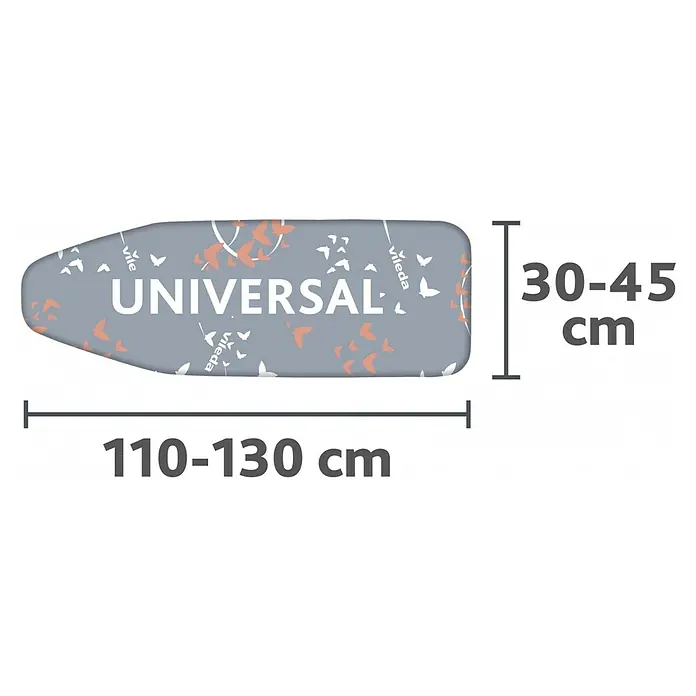 Vileda Funda para tabla de planchar Premium 2 en 1 - Específico para: Tabla de planchar universal, Algodón - Imagen de una funda de tabla de planchar universal Vileda, con unas dimensiones de 110-130 cm de largo y 30-45 cm de ancho.