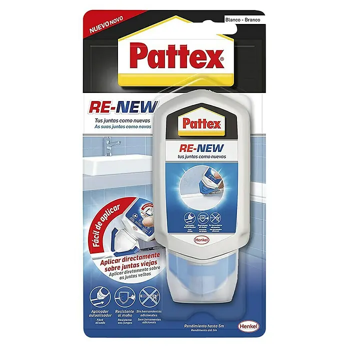 Pattex Silicona para juntas baño - Blanco, 80 ml - Pattex RE-NEW renovador de juntas en blanco, ideal para la renovación fácil y rápida de juntas viejas.