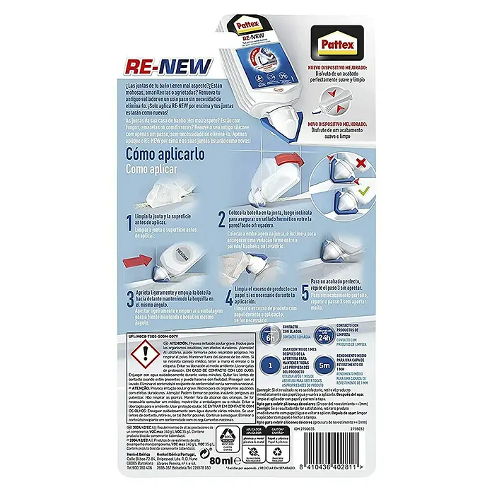 Pattex Silicona para juntas baño - Blanco, 80 ml - Pattex Re-New: Fácil aplicación para renovar juntas. Logra un acabado limpio y suave sin eliminar selladores antiguos.