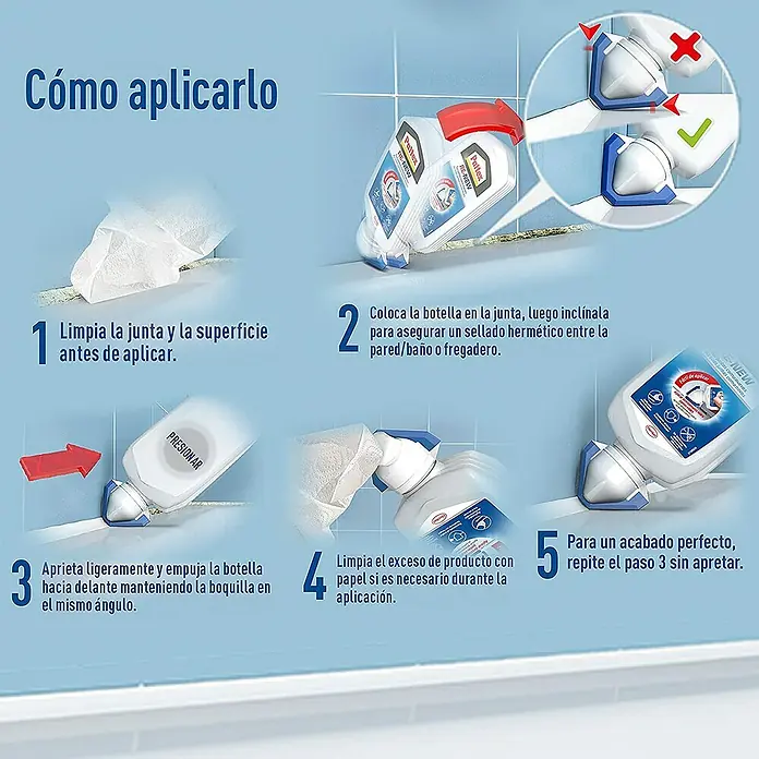 Pattex Silicona para juntas baño - Blanco, 80 ml - Guía de aplicación de Pattex Re-New: limpiar, aplicar, alisar. Para juntas perfectas y duraderas en tu baño o cocina.