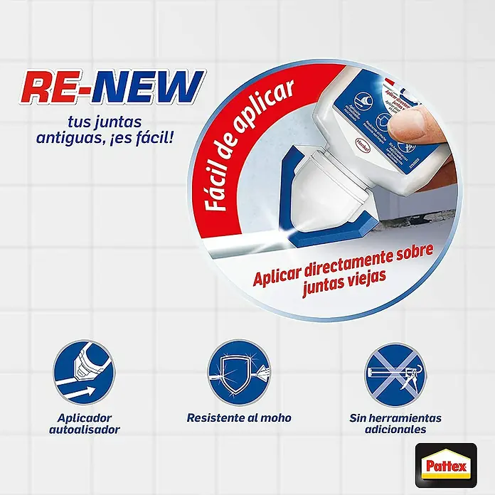 Pattex Silicona para juntas baño - Blanco, 80 ml - Imagen del producto RE-NEW sellador: Fácil de aplicar para renovar juntas viejas, resistente al moho y sin necesidad de herramientas adicionales.