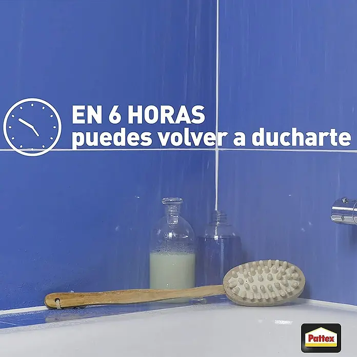 Pattex Silicona para juntas baño - Blanco, 80 ml - Imagen del producto Pattex: Puedes volver a ducharte en 6 horas.