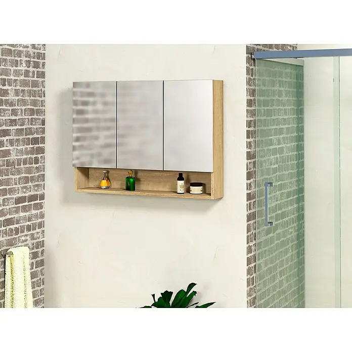 Artysan Armario con espejo Abi 3P - An x Al: 90 x 65 cm, Plástico, Nature - Armario con espejo de tres puertas con estante abierto, perfecto para guardar elementos esenciales del baño y para montar en la pared.
