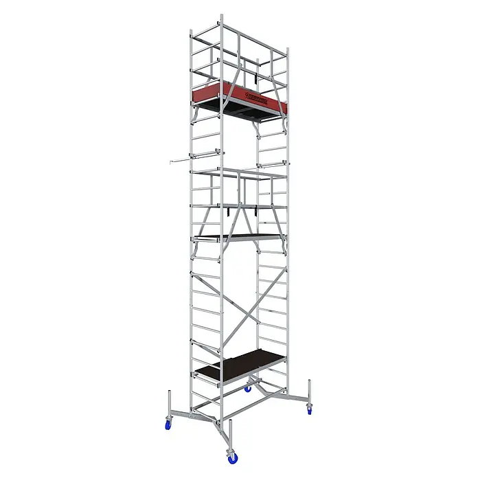 Krause ClimTec Leitergerüst - Arbeitshöhe: 7 m, Mit Rollen - Detailaufnahme eines fahrbaren Baugerüsts mit mehreren Ebenen und blauem Rollensatz, ideal für Bau- und Renovierungsarbeiten.