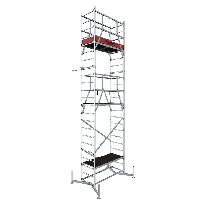 Krause ClimTec Leitergerüst - Arbeitshöhe: 7 m, Ohne Rollen - Gerüstkonstruktion mit mehreren Ebenen und diagonalen Verstrebungen, die Stabilität und sicheren Zugang in der Höhe bietet.