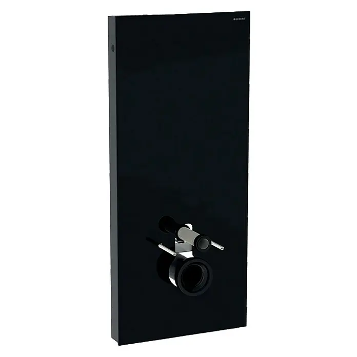 Geberit Monolith Sanitärmodul für Wand-WC 131.031.SJ.6 - 2-Mengen-Spülung, 10,6 x 50,5 x 114 cm, Schwarz - Nahaufnahme eines Geberit Installationssystems mit glänzend schwarzer Oberfläche und Installationskomponenten.