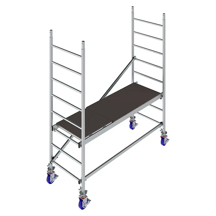 Krause ProTec Rollgerüst - Arbeitshöhe: 2,9 m, Belastbarkeit Plattform: 240 kg - Ansicht eines fahrbaren Gerüsts mit Plattform, bestehend aus Aluminiumleitern, Holzplattform und Rollen für hohe Flexibilität und Mobilität.