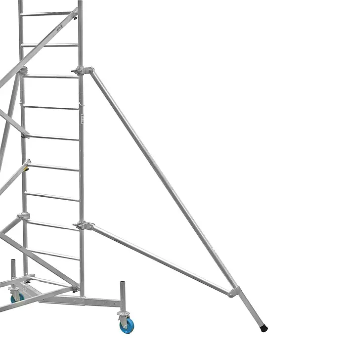 Krause ClimTec AuslegerLänge: 2,6 m, Durchmesser: 39 mm - Das Bild zeigt ein fahrbares Aluminium-Rollgerüst, ideal für Bau- und Renovierungsarbeiten. Es bietet sicheren Stand und flexible Einsatzmöglichkeiten.