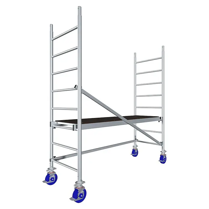 Krause ProTec Rollgerüst - Arbeitshöhe: 2,9 m, Belastbarkeit Plattform: 240 kg - Abbildung eines Rollgerüsts aus Metall mit blauem Rollensatz und einer Plattform für Bauarbeiten.