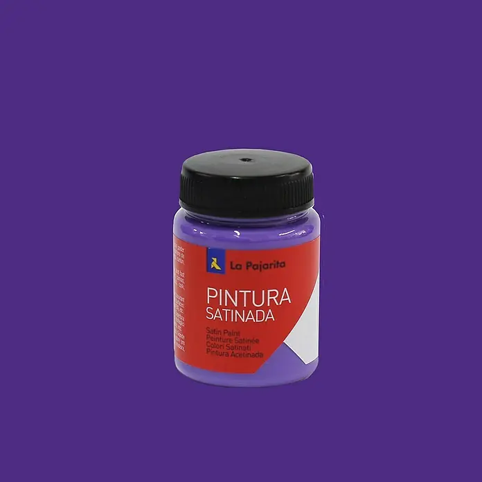 La Pajarita Pintura satinada - Violeta, 75 ml, Satinado - Primer plano de una botella de pintura satinada La Pajarita en un rico tono púrpura, ideal para proyectos de bricolaje y aplicaciones artísticas.