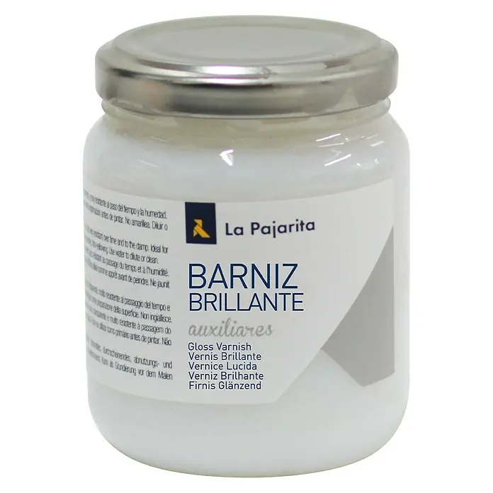 La Pajarita Barniz Brillante - Incoloro, Brillante, 175 ml - Bote de "Barniz Brillante" de La Pajarita, un barniz brillante para diversas superficies, ideal para proyectos creativos y protección.