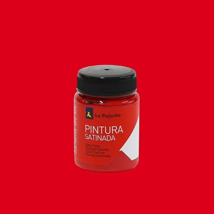 La Pajarita Pintura satinada - Bermellón, 75 ml, Satinado - Primer plano de un bote de pintura Satinada La Pajarita, ideal para proyectos de arte y aficionados al bricolaje que buscan un acabado satinado.