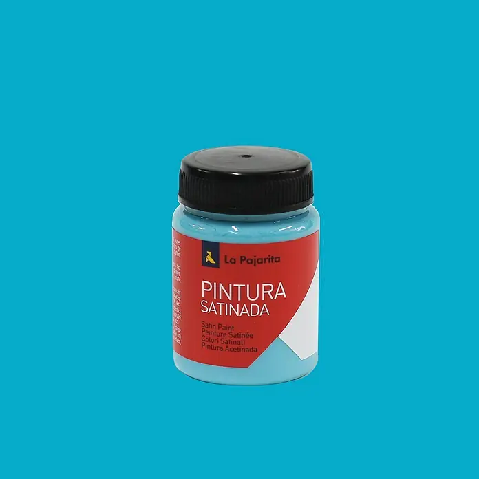 La Pajarita Pintura satinada - Turquesa, 75 ml, Satinado - Bote de pintura satinada de la marca La Pajarita en color azul claro con tapa negra.
