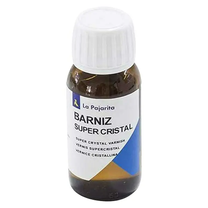 La Pajarita Barniz Supercristal - Incoloro, 50 ml - Botella de "La Pajarita Barniz Super Cristal", un barniz transparente para un recubrimiento protector brillante.