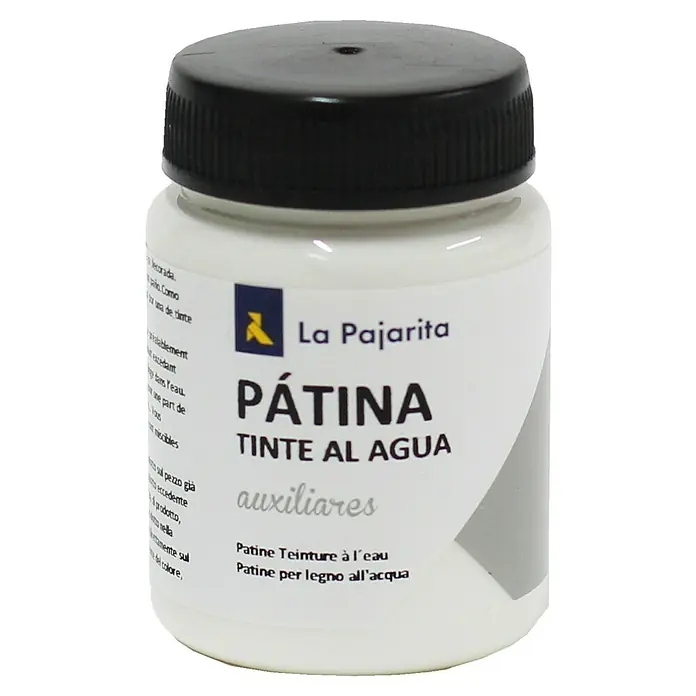 La Pajarita Pátina - Blanco, 75 ml, Mate - Un bote de tinte de pátina al agua La Pajarita con tapa negra, ideal para aplicaciones de madera y mejora de superficies.